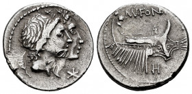 Fonteius. Mn. Fonteius. Denarius. 114-113 BC. South of Italy. (Ffc-714). (Craw-307/1b). (Cal-586). Anv.: Conjoined laureate heads of the Dioscuri righ...