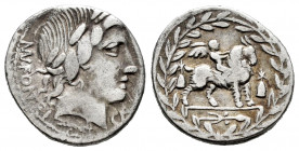 Fonteius. Mn. Fonteius C.F. Denarius. 85 BC. Auxiliary mint of Rome. (Ffc-721). (Craw-353/1d). (Cal-592). Anv.: Laureate head of Vejovis right, C. F. ...