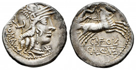 Fulvius. Cn. Fulvius, M. Calidius y Q. Metellus. Denarius. 117-111 BC. Norte de Italia. (Ffc-726). (Craw-284/1b). (Cal-596). Anv.: Head of Roma right,...
