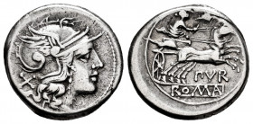 Furius. L. Furius Purpureo. Denarius. 169-158 BC. Auxiliary mint of Rome. (Ffc-729). (Craw-187/1). (Cal-599). Anv.: Head of Roma right, X behind. Rev....