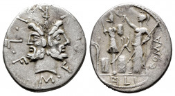 Furius. M. Furius L.f. Philus. Denarius. 119 BC. Central Italy. (Ffc-730). (Craw-281/1). (Cal-600). Anv.: M. FOVRI. L.F. around laureate head of Janus...