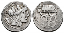 Furius. P. Furius Crassipes. Denarius. 84 BC. Auxiliary mint of Rome. (Ffc-732). (Craw-356/1c). (Cal-602). Anv.: Turreted head of the City right, AED....