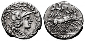 Gellius. Cnaeus Gellius. Denarius. 138 BC. Rome. (Ffc-740). (Craw-232). (Cal-610). Anv.: Head of Roma right, X behind, all within laurel-wreath. Rev.:...
