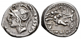 Julius. L. Julius L.f. Caesar. Denarius. 103 BC. Rome. (Ffc-765). (Craw-320/1). (Cal-632). Anv.: Head of Mars left, CAESAR behind, but letter or lette...