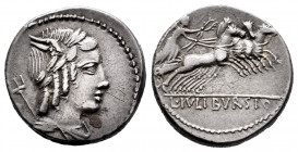Julius. L. Julius Bursio. Denarius. 85 BC. Auxiliary mint of Rome. (Ffc-767). (Craw-352/1a). (Cal-634). Anv.: Bust of Genius (or Apollo Vejovis) right...
