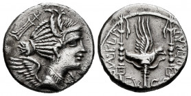 Valerius. C. Valerius FlADcus. Denarius. 82 BC. Galia. (Ffc-1167). (Craw-365/1a). (Cal-1324). Anv.: Bust of Victory right, symbol behind. Rev.: C.VAL ...