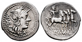 Vargunteius. Marcus Vargunteius. Denarius. 130 BC. Rome. (Ffc-1183). (Craw-257/1). (Cal-1339). Anv.: Head of Roma right, M. VARG., (VAR interlace) beh...
