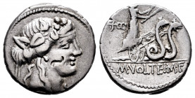 Volteius. M. Volteius M.f. Denarius. 78 BC. Rome. (Ffc-1231). (Craw-385/5). (Cal-1393). Anv.: Head of Liber or Bacchus right, wearing ivy-wreath. Rev....