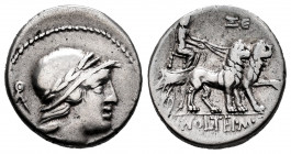 Volteius. M. Volteius M.f. Denarius. 78 BC. Rome. (Ffc-1232). (Craw-385/4). (Cal-1394). Anv.: Bust of Attis or young Corybas draped right, wearing lau...