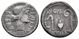 Julius Caesar. Denarius. 46 BC. Africa. (Ffc-3). (Craw-467/1a). (Cal-649). Anv.: COS. TERT. DICT. ITER., head of Ceres right. Rev.: AVGVR. above simpu...