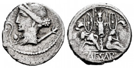 Julius Caesar. Denarius. 44 BC. Galia. (Ffc-12). (Craw-468/2). (Cal-646). Anv.: Diademed head of Venus left, Cupid and lituus before, sceptre behind. ...
