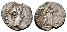 Augustus. Quinarius. 27 BC. Emerita (Mérida). (Ric-221). (Abh-982). Rev.: Victory right in front of trophy, around P CARISI LEG. Ag. 1,56 g. Choice VF...
