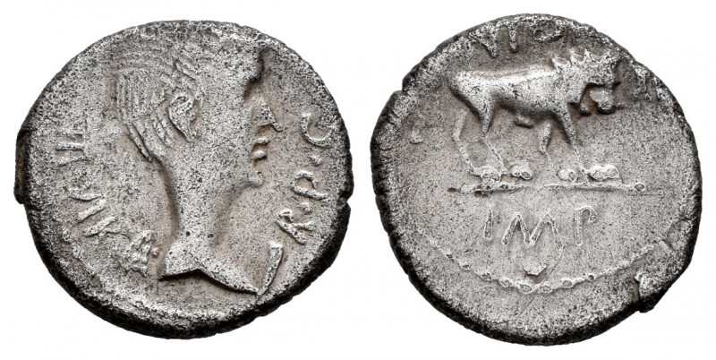 Mark Antony and Lepidus. Quinarius. 42 BC. Lugdunum. (Craw-489/6). (Woytek-480)....