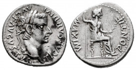 Tiberius. Denarius. 14 - 37 AD. Lugdunum. (Spink-1763). (Ric-26). (Seaby-16). Rev.: PONTIF MAXIM. Livia seated to the right with sceptre and branch. A...