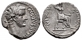 Tiberius. Denarius. 14-37 AD. Lugdunum. (Spink-1763). (Ric-26). Anv.: TI CAESAR DIVI (AVG F AVGVSTVS). Cabeza laureada de Tiberio a derecha. Rev.: PON...