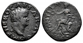 Nero. Half unit. 66 AD. Lugdunum. (Ric-554). Anv.: IMP NERO CAESAR AVG, bare head right. Rev.: PONTIF MAX TR P P P, Roma seated left on arms, holding ...