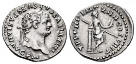 Titus. Denarius. 79 AD. Rome. (Ric-34). (C-268). (Bmc-9). Anv.: IMP TITVS CAES VESPASIAN AVG P M, Laureate head right. Rev.: TR P VII[II I]MP XIIII CO...