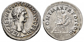 Nerva. Denarius. 98-117 AD. Rome. (Ric-11). Rev.: PONT MAX TR POT COS II. Abundantia, holding sceptre, seated left on curule chair comprised of crosse...