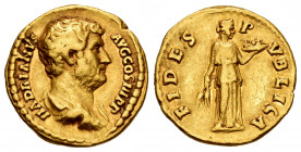 Hadrian. Aureus. 134-138 AD. Rome. (Ric-241). (Cal-1256). (Bmc-628). Anv.: HADRIANVS AVG COS IIII P P. Draped and bare-headed bust right. Rev.: FIDES ...