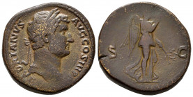 Hadrian. Sestertius. 134-138 AD. Rome. (Ric-779). (C-1374). (Bmcre-1549). Anv.: HADRIANVS AVG COS III P P, laureate head right. Rev.: Nemesis advancin...