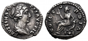 Faustina Junior. Denarius. 154-156 AD. Rome. (Spink-4704). (Ric-502a). (Seaby-54). Rev.: CONCORDIA. Concordia, seated to left, holding flower, resting...