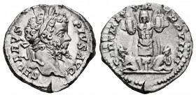 Septimius Severus. Denarius. 201 AD. Rome. (Ric-176). (Rsc-370). Rev.: PART MAX P M TR P VIIII, trophy of arms, with two captives seated to left and r...