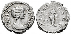 Julia Domna. Denarius. 196-211 AD. Rome. (Ric-572). (Rsc-150). Rev.: PIETAS AVGG, Pietas standing left, holding incense box and sprinkling incense on ...