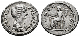 Julia Domna. Denarius. 196-202 AD. Laodicea. (Ric-637). (Rsc-21). Anv.: IVLIA AVGVSTA, draped bust right. Rev.: CONCORDIA, Concordia seated left, hold...