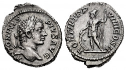 Caracalla. Denarius. 206 AD. Rome. (Spink-6862). (Ric-84). (Seaby-424). Rev.: PONTIF TR P VIIII COS II, Mars standing left, holding shield and reverse...