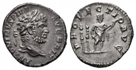 Caracalla. Denarius. 213 AD. Rome. (Ric-225). Rev.: PROFECTIO AVG, Caracalla standing right with spear, two standards behind. Ag. 3,00 g. Choice VF. E...