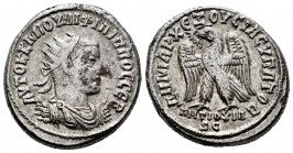 Philip I. Tetradrachm. 247-249 AD. Antioch. (Prieur-415). Anv.: AYTOK K M IOYL FILIPPOY CEB, radiate, draped, and cuirassed bust right. Rev.: DHMAPX E...