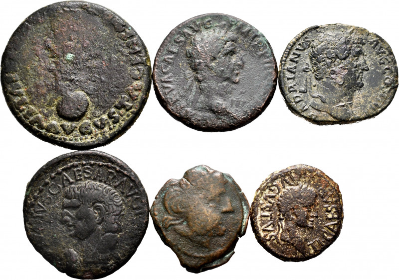 Lot of 6 coins, contains quadrant of Celsa, Dupondio of Colonia Romula, ace of N...