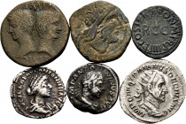 Lot of 6 coins from the Roman Empire. Variety of emperors as Republican Semis, Augustus and Agrippa (Nimes), Caligula, Philip I, Lucilla and Heliogaba...