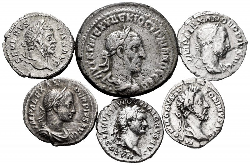 Lot of 6 different coins of the Roman Empire, 5 denarius and 1 tetradrachm. TO E...