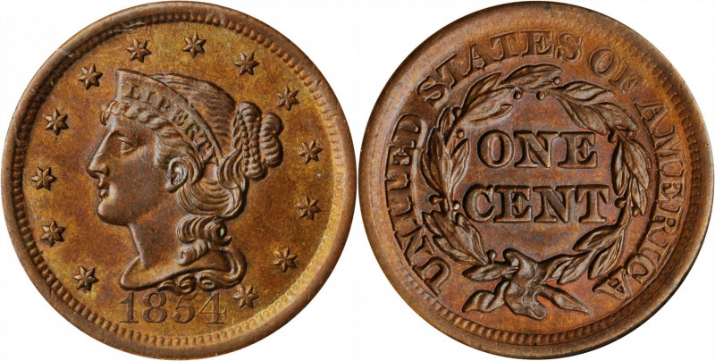 Braided Hair Cent

1854 Braided Hair Cent. MS-64 BN (NGC). OH.

PCGS# 1904. ...