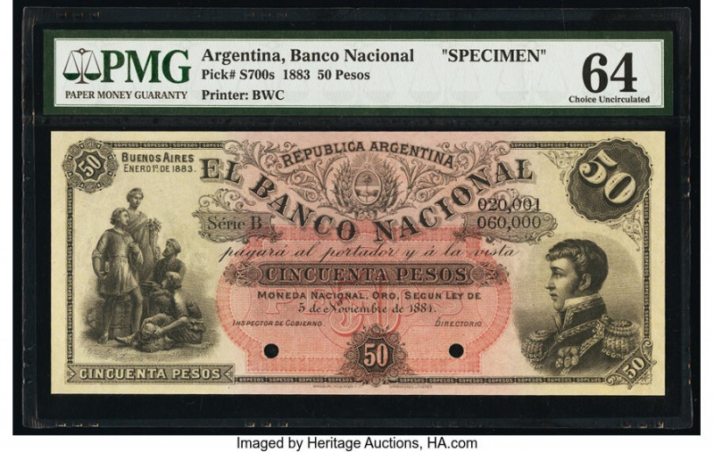 Argentina Banco Nacional 50 Pesos 5.11.1881 Pick S700s Specimen PMG Choice Uncir...