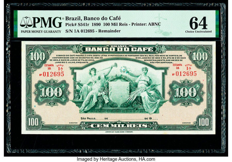 Brazil Banco do Café 100 Mil Reis ND (1890) Pick S541r Remainder PMG Choice Unci...