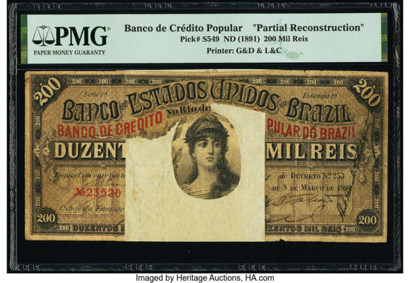 Brazil Banco de Credito Popular 200 Mil Reis ND (1891) Pick S549 Partial Reconst...