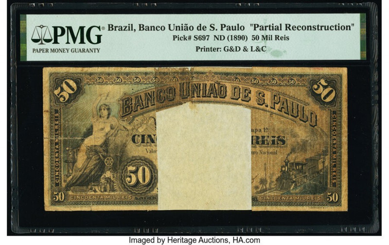 Brazil Banco Uniao de Sao Paulo 50 Mil Reis ND (1890) Pick S697 Partial Reconstr...