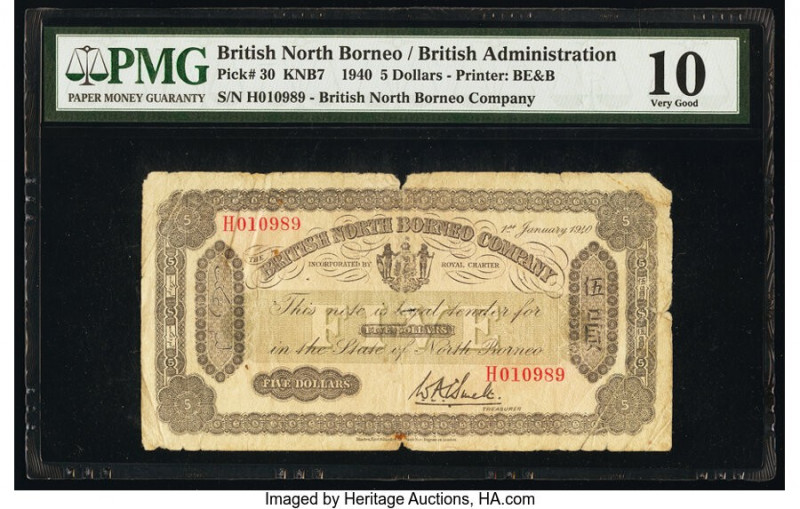 British North Borneo British North Borneo Company 5 Dollars 1.1.1940 Pick 30 PMG...