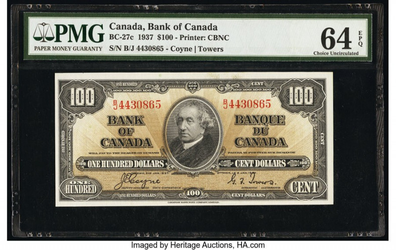 Canada Bank of Canada $100 2.1.1937 Pick 64c BC-27c PMG Choice Uncirculated 64 E...
