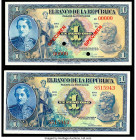 Colombia Banco de la Republica 1 Peso Oro 1.1.1950; 7.8.1947 Pick 380e; 380s Issued/Specimen About Uncirculated-Crisp Uncirculated. Red Specimen overp...