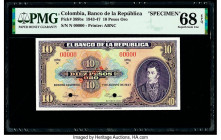 Colombia Banco de la Republica 10 Pesos Oro 7.8.1947 Pick 389bs Specimen PMG Superb Gem Unc 68 EPQ. Red Specimen overprint and two POCs.

HID098012420...