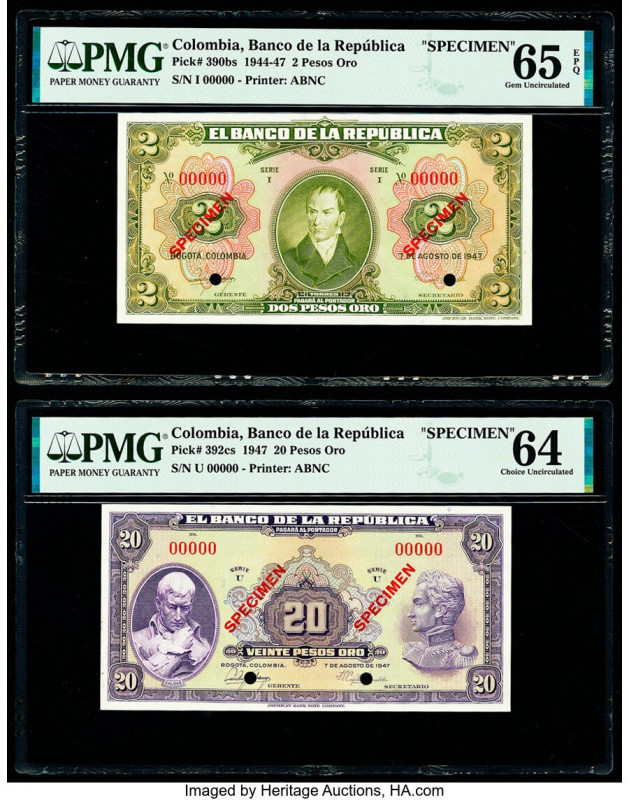 Colombia Banco de la Republica 2; 20 Pesos Oro 7.8.1947 Pick 390bs; 392cs Two Sp...