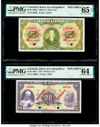 Colombia Banco de la Republica 2; 20 Pesos Oro 7.8.1947 Pick 390bs; 392cs Two Specimen PMG Gem Uncirculated 65 EPQ; Choice Uncirculated 64. Two POCs o...