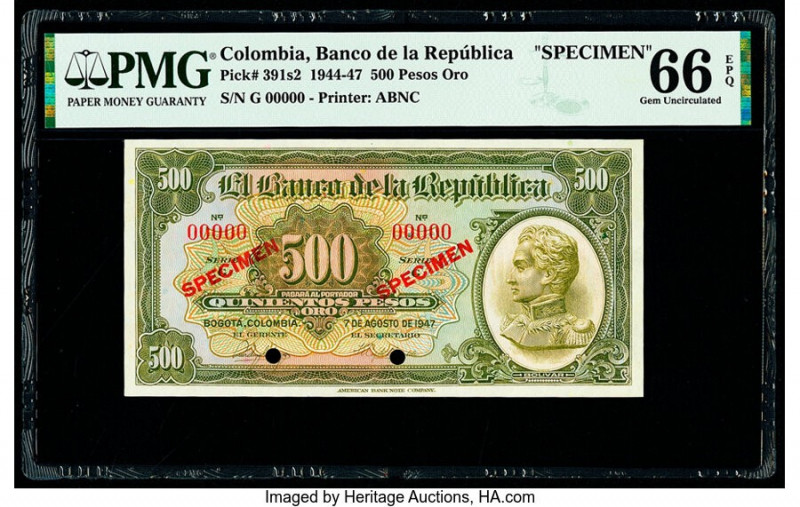 Colombia Banco de la Republica 500 Pesos Oro 7.8.1947 Pick 391s2 Specimen PMG Ge...