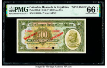 Colombia Banco de la Republica 500 Pesos Oro 7.8.1947 Pick 391s2 Specimen PMG Gem Uncirculated 66 EPQ. Red Specimen overprints and two POCs.

HID09801...