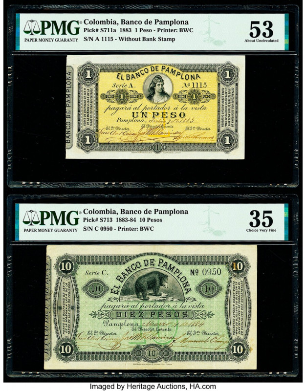 Colombia Banco de Pamplona 1; 10 Pesos 1883; 1884 Pick S711a; S713 Two Examples ...