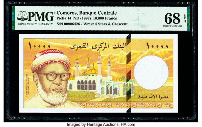 Comoros Banque Centrale Des Comores 10,000 Francs ND (1997) Pick 14 PMG Superb G...