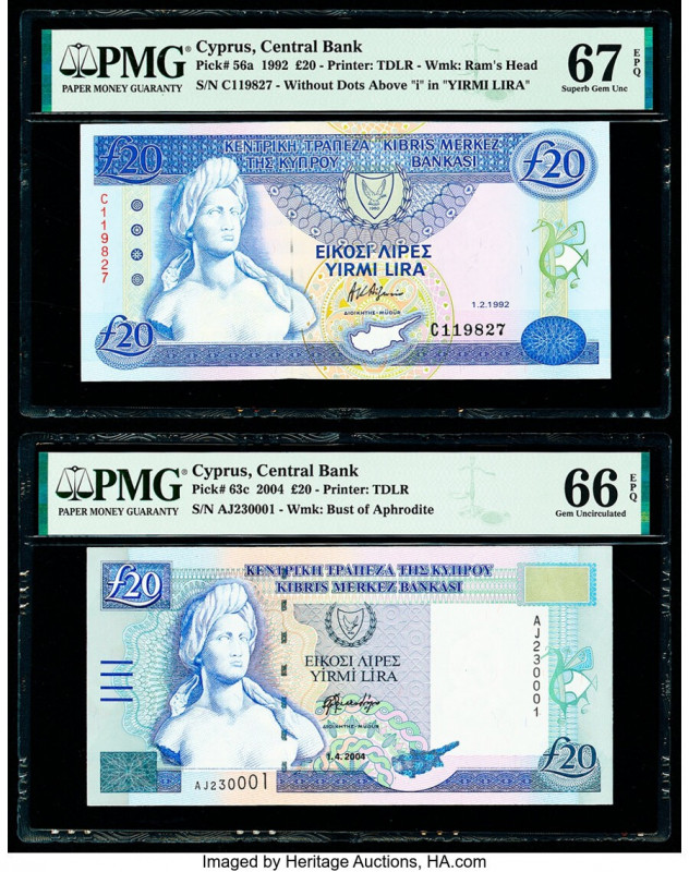 Cyprus Central Bank of Cyprus 20 Pounds 1.2.1992; 1.4.2004 Pick 56a; 63c Two Exa...
